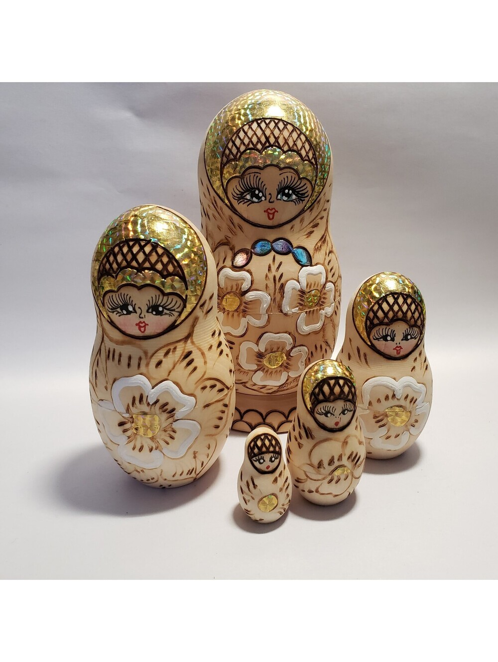 Matryoshka Nesting Dolls Set of 5 Gold Foil Wood Burning Design